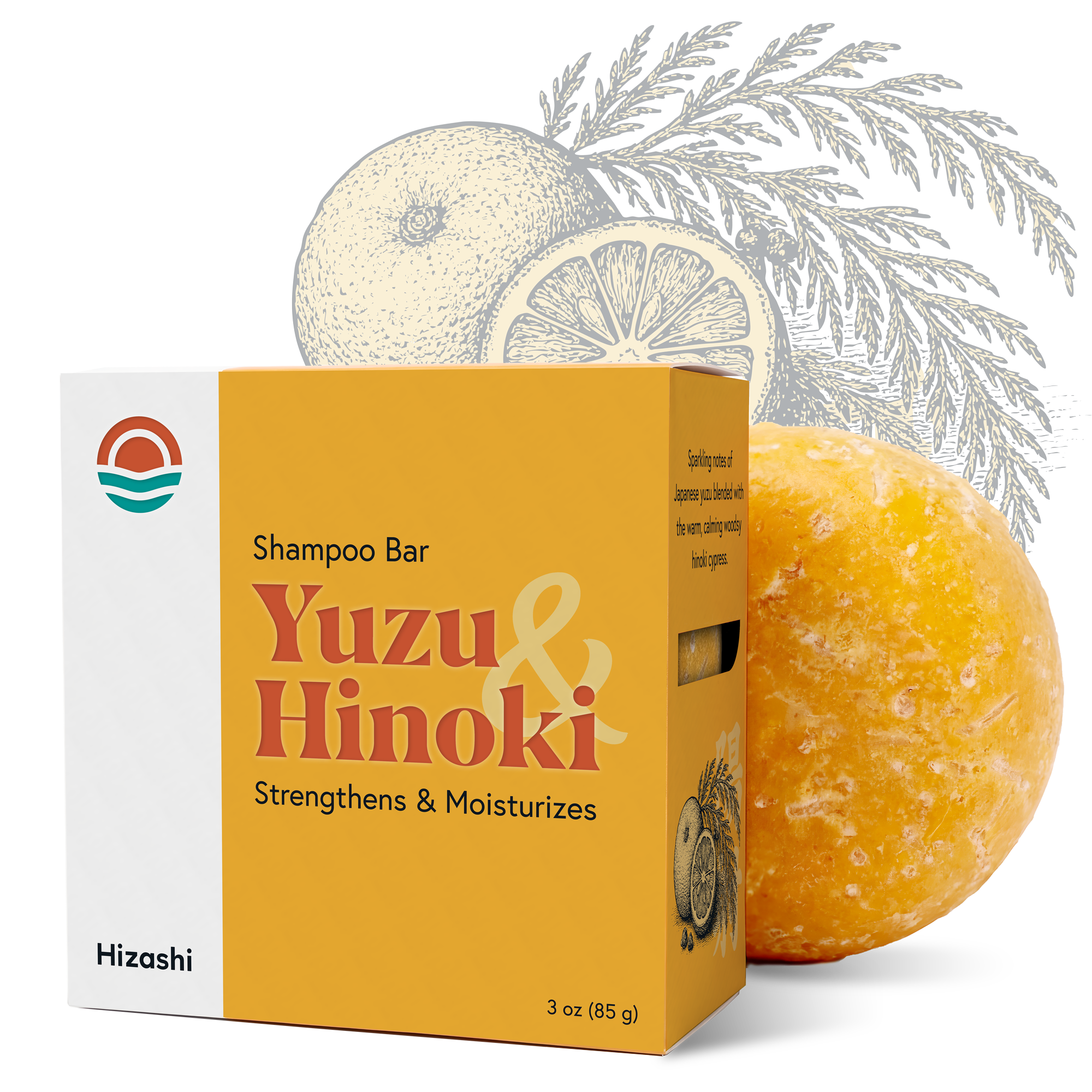 Hizashi Yuzu & Hinoki Shampoo Bar with packaging